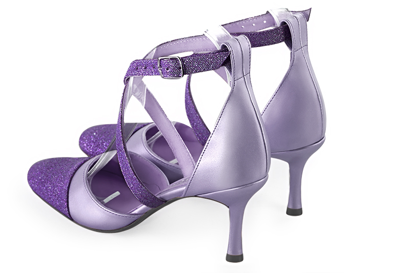 Amethyst purple women's open side shoes, with crossed straps. Round toe. High slim heel. Rear view - Florence KOOIJMAN
